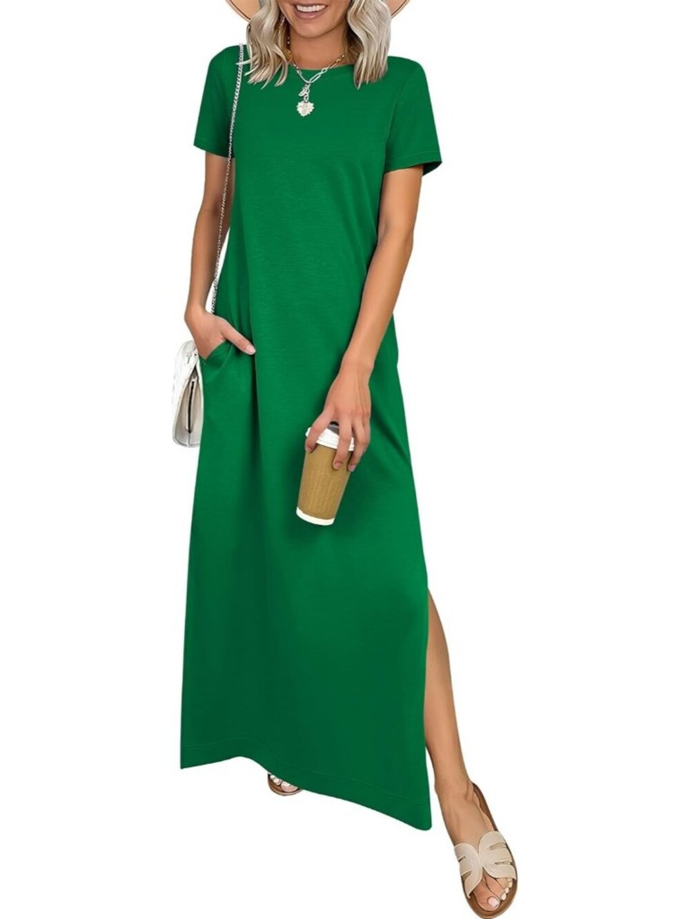 Women's Green Crewneck Summer Casual Maxi Dress Short Sleeve Split Long Sundress